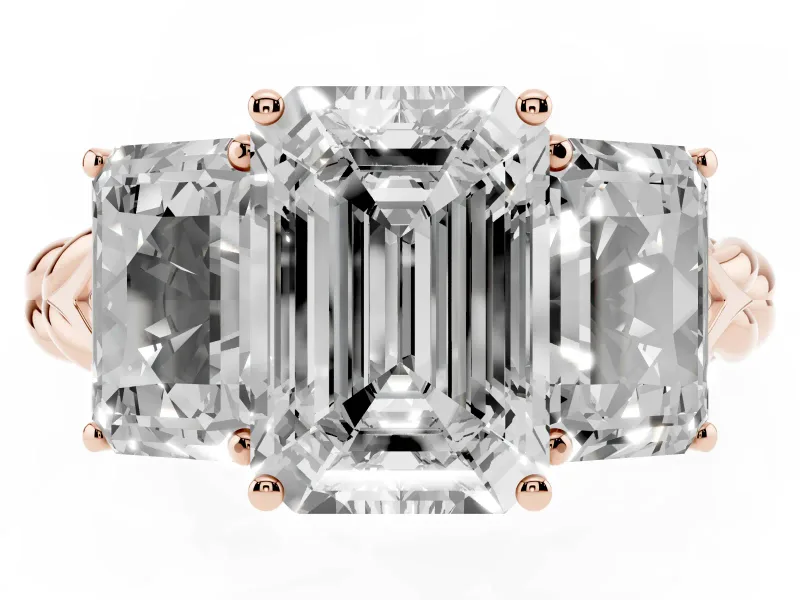 Emerald Cut Three Stone Engagement Ring Setting | Braided Band | Rose Gold