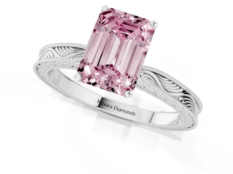 Fancy Pink Emerald Cut Diamond Solitaire Milgrain Engraved Band Set in Silver with Prong Setting