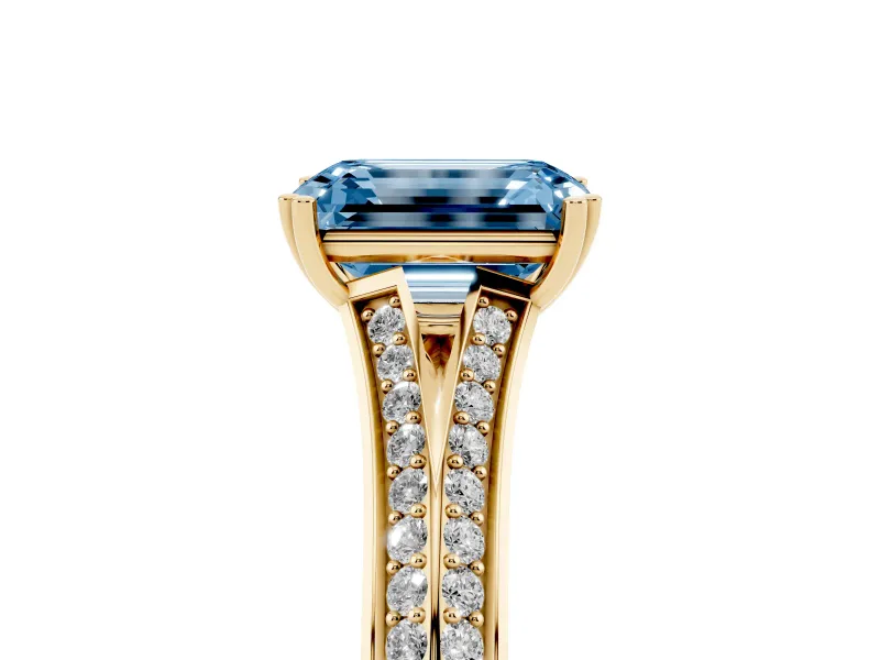 Emerald Cut Split Shank Engagement Ring Setting for a Fancy Blue Lab-Grown Diamond | Pave Band | Yellow Gold