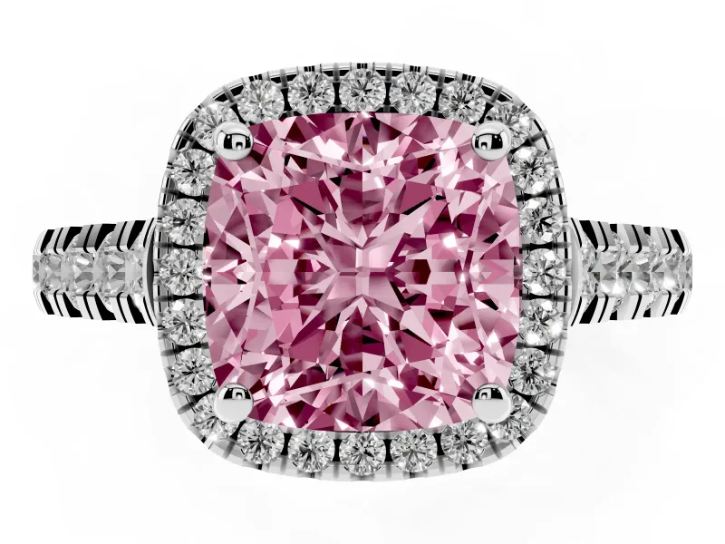 Cushion Cut Accented Halo Engagement Ring Setting for a Fancy Pink Lab-Grown Diamond | Platinum
