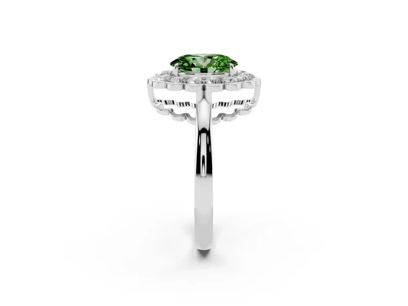 Oval Scalloped Cluster Halo Engagement Ring Setting for a Fancy Green Lab-Grown Diamond | Plain Band | Sterling Silver