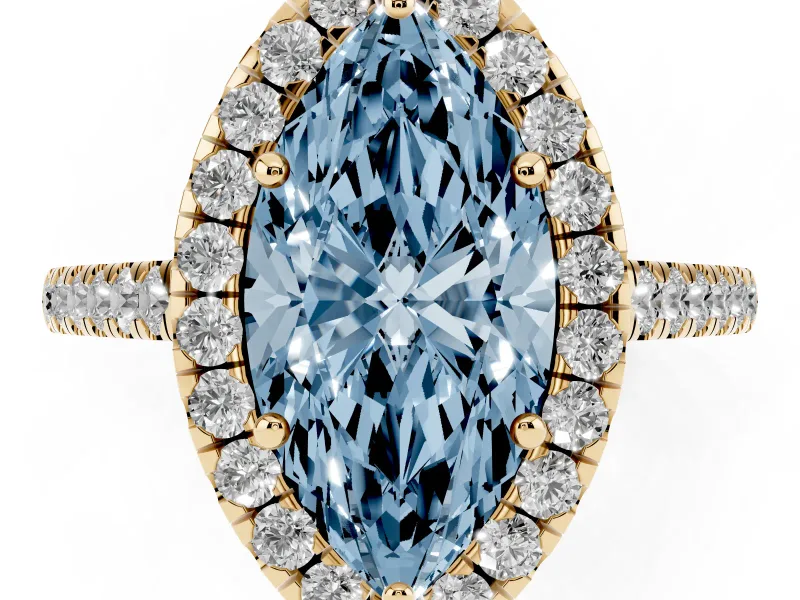 Marquise Halo Engagement Ring Setting for a Fancy Blue Lab-Grown Diamond | Pave Shoulders | Yellow Gold