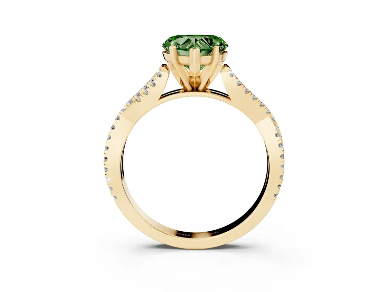 Fancy Green Heart Cut Diamond Solitaire Engagement Ring Set in Yellow gold with Twisted Pavé Band and Prong Setting