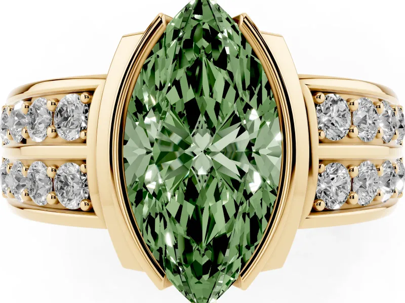 Marquise Half Bezel Engagement Ring Setting for a Fancy Green Lab-Grown Diamond | Double Row Channel Band | Yellow Gold