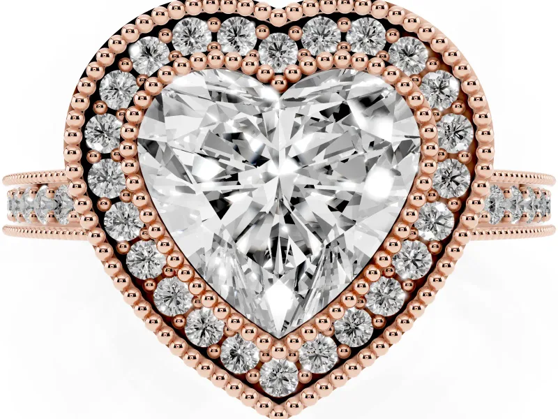 Heart-Shaped Double Milgrain Halo Engagement Ring Setting | Pave Band | Rose Gold
