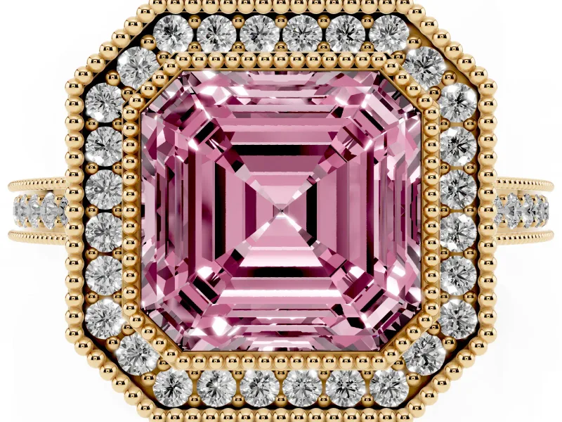 Fancy Pink Asscher Cut Diamond Halo Ring Set in Yellow gold with Pavé Band and Milgrain-Edged Prongs