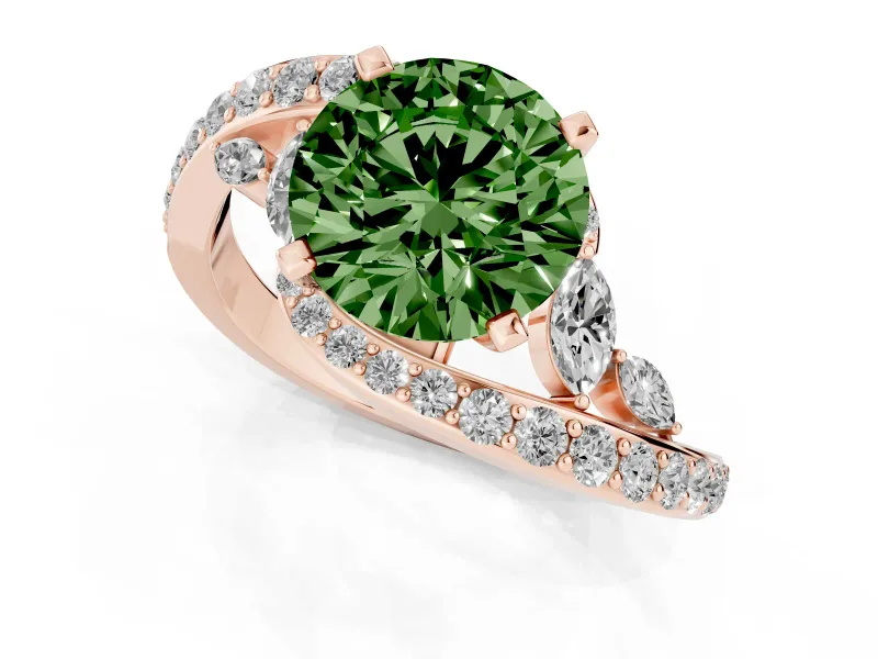 Fancy Green Round Cut Diamond Solitaire Ring Set in Rose gold with Pavé Twist Band and Secure Prong Setting