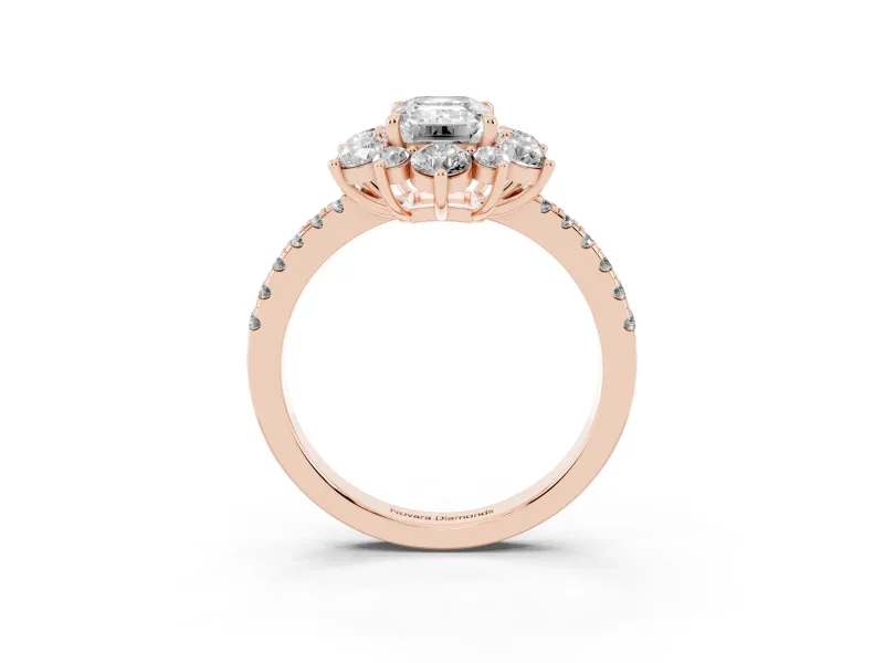 Emerald Cut Diamond Floral Halo Ring Set in Rose gold with Round Pavé Band and Prong Setting
