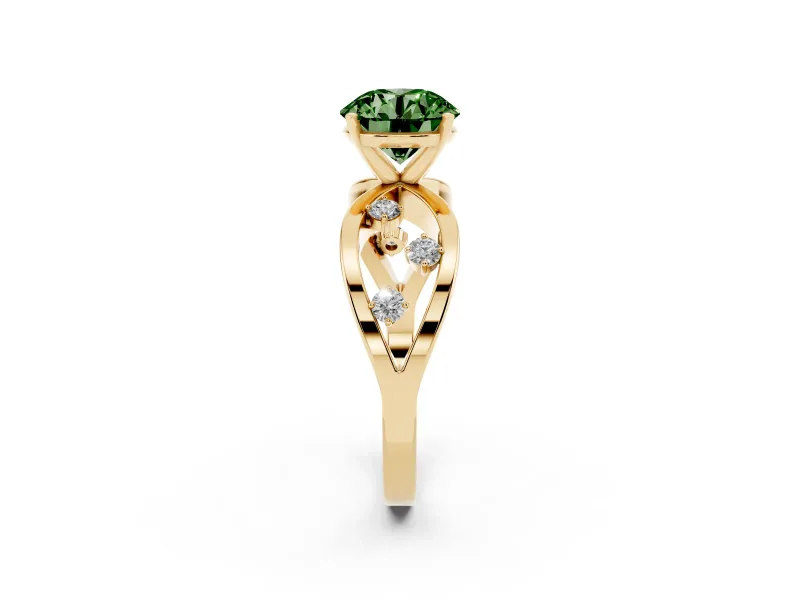 Fancy Green Round Cut Diamond Solitaire Ring Set in Yellow gold with Side Stones on Criss-Cross Band and Prong Setting