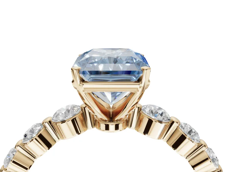 Radiant Cut Graduated Side Stone Engagement Ring Setting for a Fancy Blue Lab-Grown Diamond | Yellow Gold