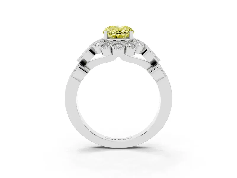 Oval Scalloped Halo Engagement Ring Setting for a Fancy Yellow Lab-Grown Diamond | Heart Pavé Band | Platinum