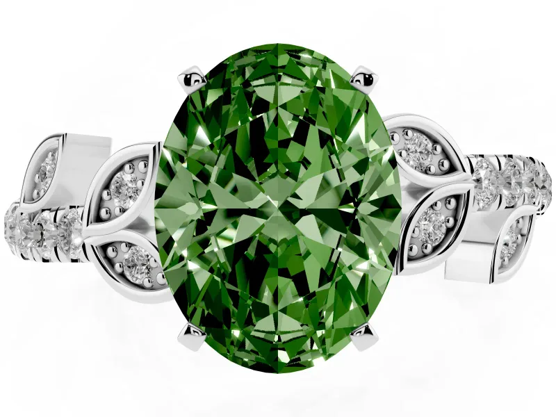 Fancy Green Oval Cut Diamond Solitaire Leaf-Inspired Ring Set in Silver with Pavé Band and Prong Setting