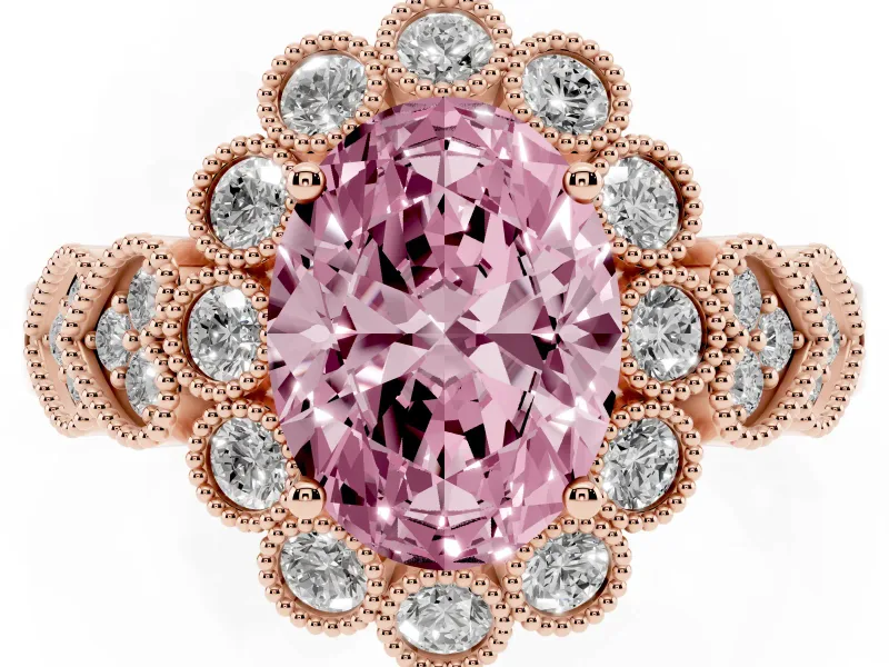 Oval Scalloped Halo Engagement Ring Setting for a Fancy Pink Lab-Grown Diamond | Heart Pavé Band | Rose Gold