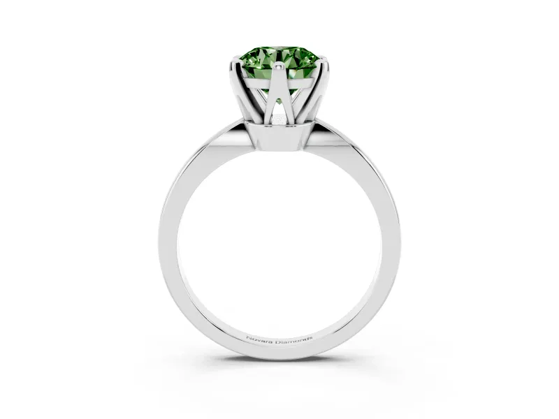 Fancy Green Round Cut Diamond Solitaire Engagement Ring Set in White gold with Slim Tapered Solitaire Band