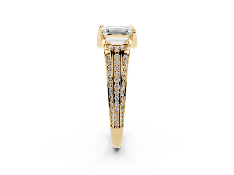 Emerald Cut Diamond Pavé Split Shank Solitaire Ring Set in Yellow gold with Prong Setting