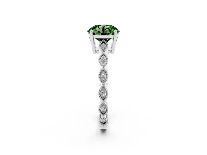 Fancy Green Round Cut Diamond Solitaire Ring Set in Silver with Infinity Twist Pavé Band