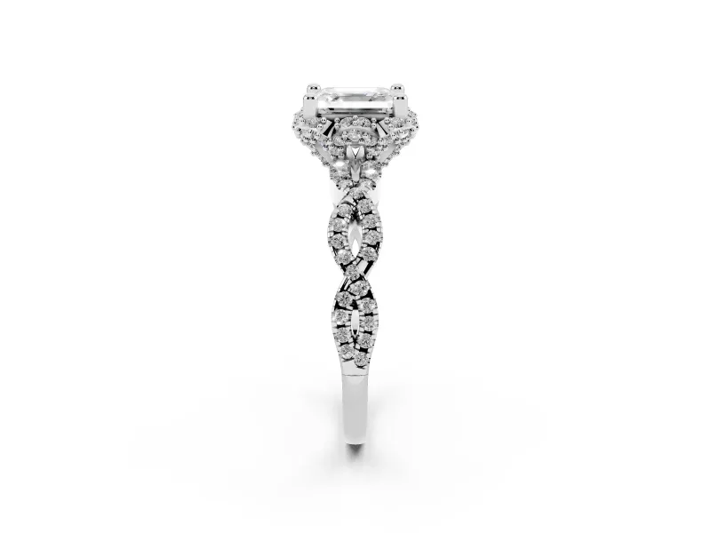 Asscher Cut Diamond Halo Twist Band Solitaire Ring Set in White gold with Prong-Set Center Stone