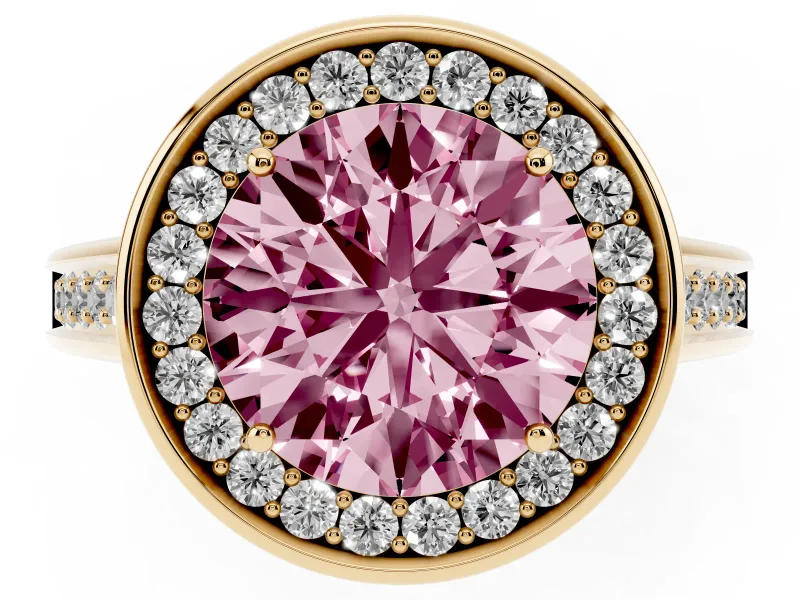 Fancy Pink Round Cut Diamond Halo Solitaire Ring Set in Yellow gold with Pavé Band and Bezel Setting