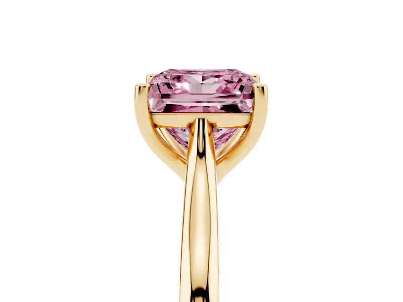 Fancy Pink Princess Cut Diamond Solitaire Ring Set in Yellow gold with Cathedral Band and Prong Setting
