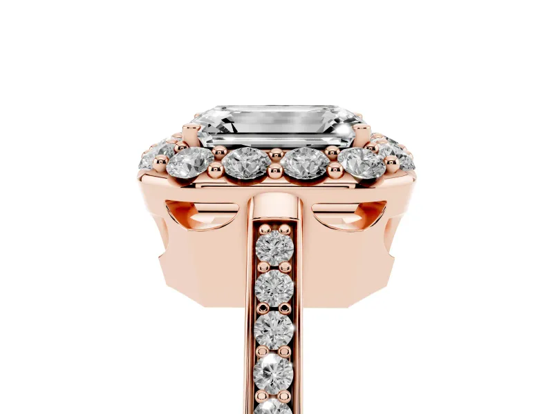 Emerald Cut Diamond Floral Halo Ring Set in Rose gold with Pavé Band and Prong Setting