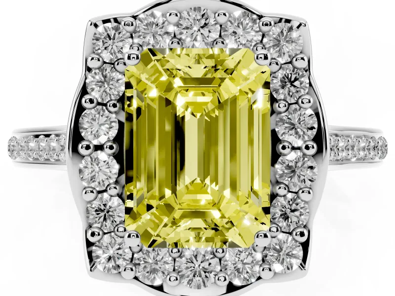 Emerald Cut Petal Tip Halo Engagement Ring Setting for a Fancy Yellow Lab-Grown Diamond | Pavé Band | Platinum
