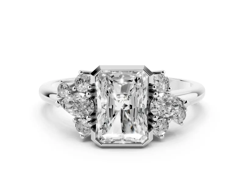 Radiant Diamond Cluster Side Stone Ring Set in Platinum with Pear and Round Side Stones