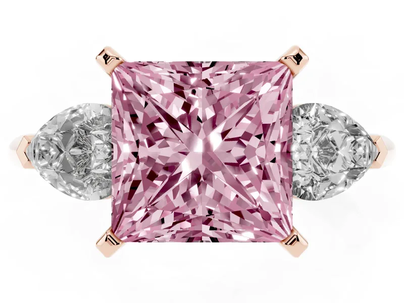 Fancy Pink Three-Stone Princess Cut Diamond Ring Set in Rose gold with Pear Side Stones and Prong Setting