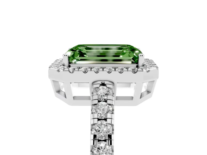 Fancy Green Emerald Cut Diamond Halo Ring Set in White gold with Delicate Pavé Band and Prong Setting