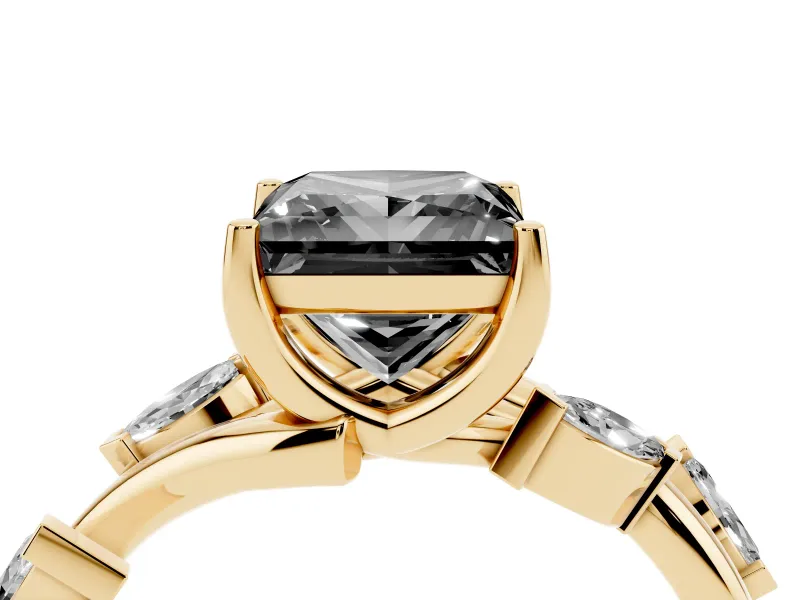 Princess Cut Twisted Vine Engagement Ring Setting for a Black Center | Marquise Leaves | Yellow Gold