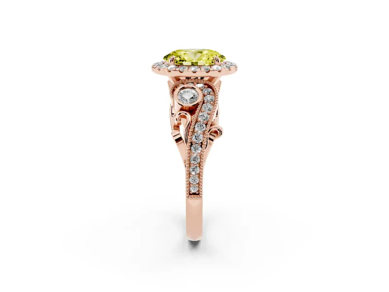Fancy Yellow Oval Cut Diamond Halo Ring Set in Rose gold with Milgrain Pavé Band and Prong Setting