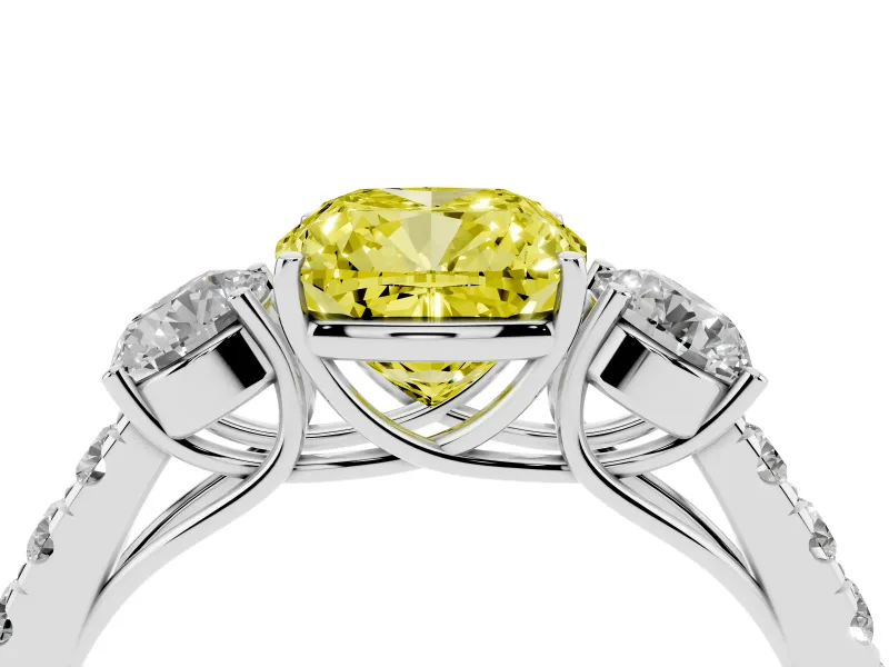 Fancy Yellow Cushion Cut Diamond Three-Stone Ring Set in Silver with Round Side Stones and Delicate Pavé Band