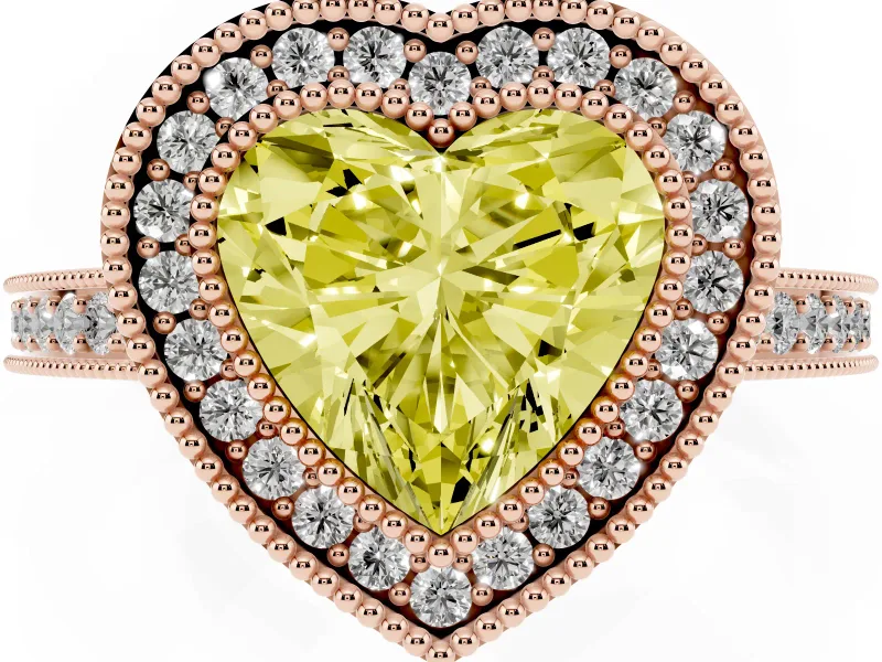 Heart-Shaped Double Milgrain Halo Engagement Ring Setting for a Fancy Yellow Lab-Grown Diamond | Pave Band | Rose Gold