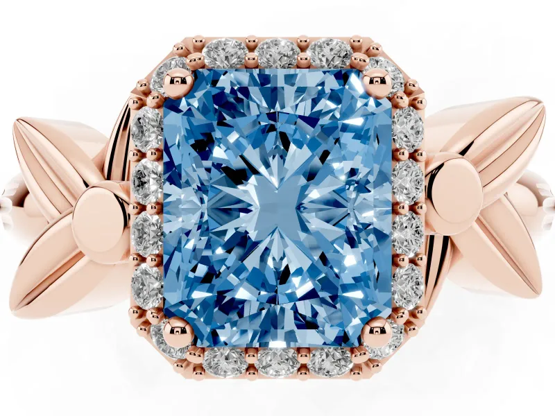 Radiant Cut Floral Halo Engagement Ring Setting for a Fancy Blue Lab-Grown Diamond | Rose Gold