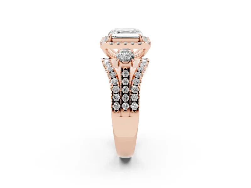 Asscher Cut Halo Split Shank Engagement Ring Setting | Round Side Stones | Rose Gold