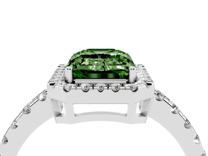Fancy Green Emerald Cut Diamond Halo Ring Set in Platinum with Delicate Pavé Band and Prong Setting