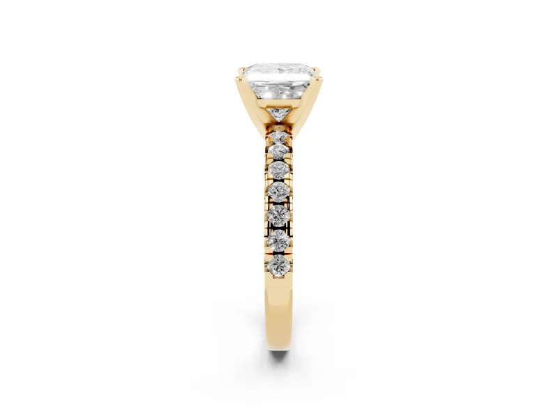 Princess Cut Diamond Solitaire Pavé Engagement Ring Set in Yellow gold with Round Band and Prong Setting