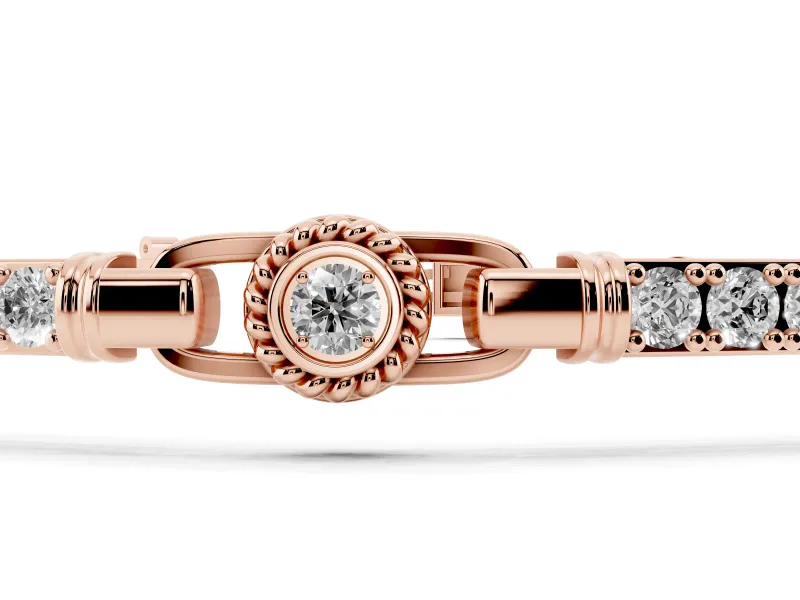 Round Lab-Grown Diamond Rope Frame Bezel Station Bracelet | Pavé Bar Links | Rose Gold