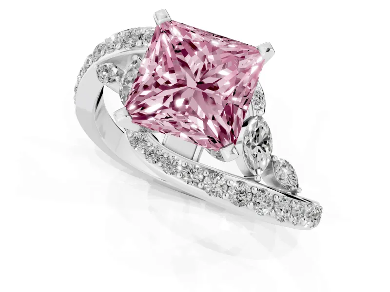 Fancy Pink Princess Cut Diamond Solitaire Ring Set in Silver with Pavé Twist Band and Secure Prong Setting