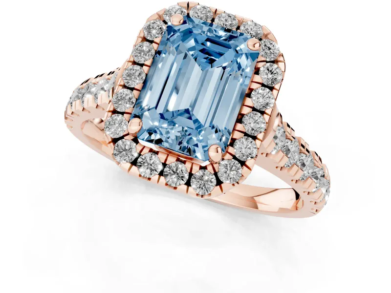 Emerald Cut Accented Halo Engagement Ring Setting for a Fancy Blue Lab-Grown Diamond | Rose Gold