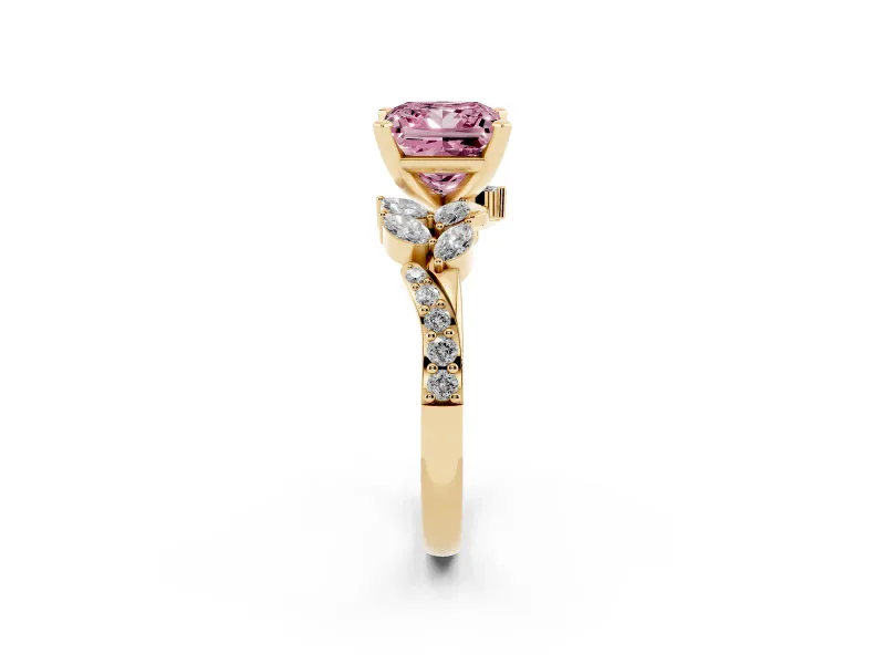Princess Cut Floral Engagement Ring Setting for a Fancy Pink Lab-Grown Diamond | Marquise Side Stones | Yellow Gold