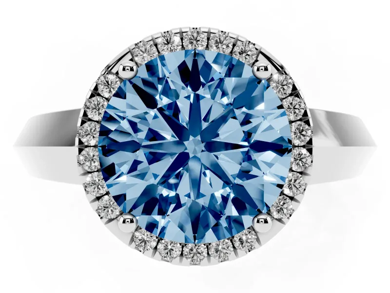 Fancy Blue Round Cut Diamond Halo Ring Set in Platinum with Cathedral Band and Prong Setting