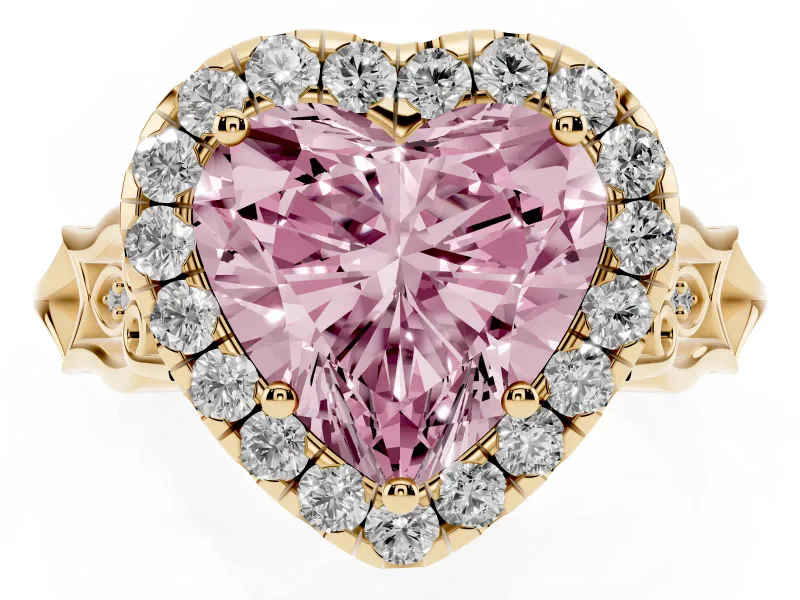 Heart-Shaped Halo Engagement Ring Setting for a Fancy Pink Lab-Grown Diamond | Filigree Shoulders | Yellow Gold