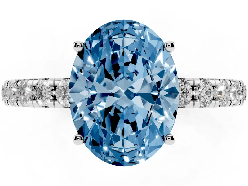 Oval Pave Solitaire Engagement Ring Setting for a Fancy Blue Lab-Grown Diamond | Shared Prong Band | White Gold