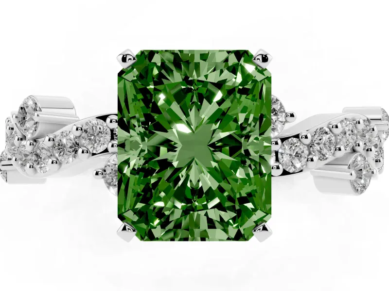 Fancy Green Radiant Cut Diamond Solitaire Twisted Band Set in Silver with Pavé Setting