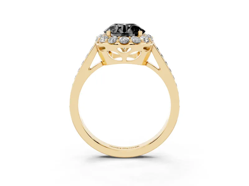 Fancy Black Round Cut Diamond Floral Halo Ring Set in Yellow gold with Pavé Band and Prong Setting