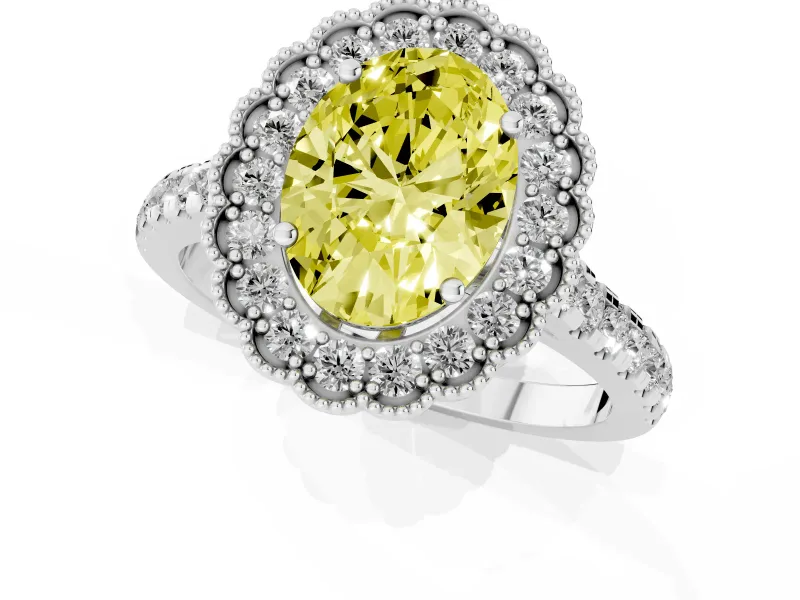 Oval Milgrain Floral Halo Engagement Ring Setting for a Fancy Yellow Lab-Grown Diamond | Pavé Band | Sterling Silver