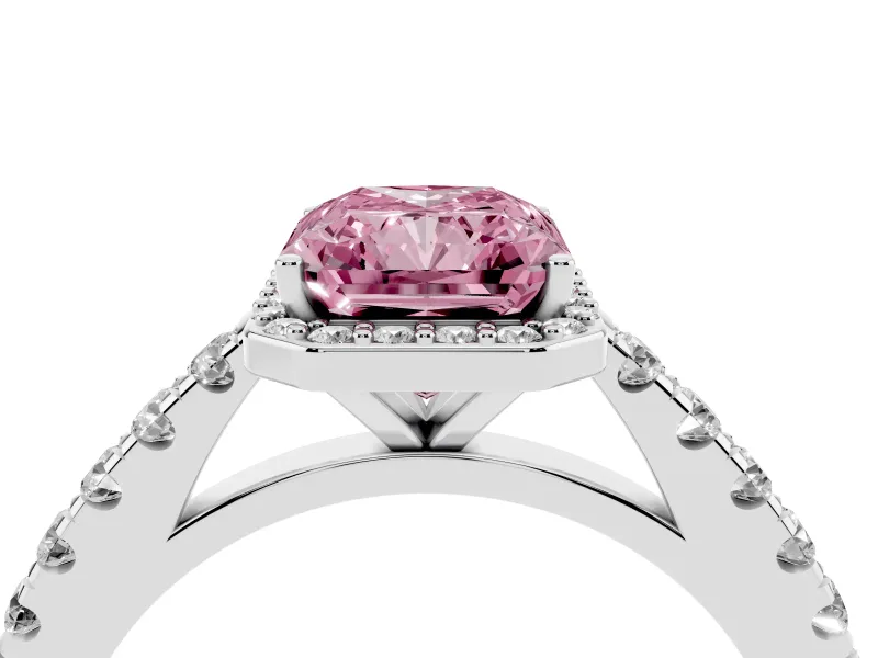 Fancy Pink Radiant Cut Diamond Halo Engagement Ring Set in Platinum with Pavé Band and Prong Setting