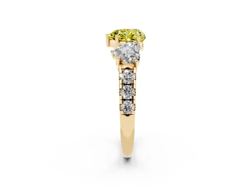 Heart-Shaped Three Stone Engagement Ring Setting for a Fancy Yellow Lab-Grown Diamond | Accented Shoulders | Yellow Gold