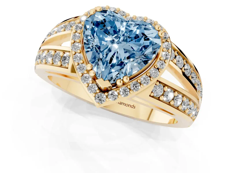 Fancy Blue Heart Cut Diamond Halo Ring Set in Yellow gold with Double Pavé Split Shank