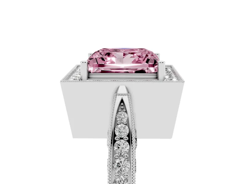 Princess Cut Milgrain Halo Engagement Ring Setting for a Fancy Pink Lab-Grown Diamond | Side Stones | White Gold